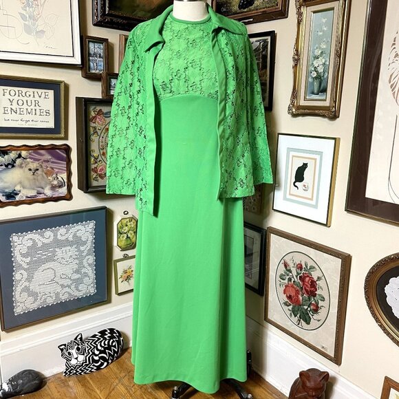 70s Vintage Kelly Green High Waist Sleeveless Polyester Dress with Lace Jacket - Picture 1 of 9